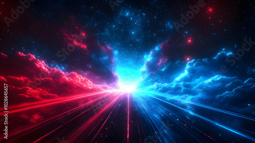 A vibrant cosmic scene with red and blue light beams and clouds.