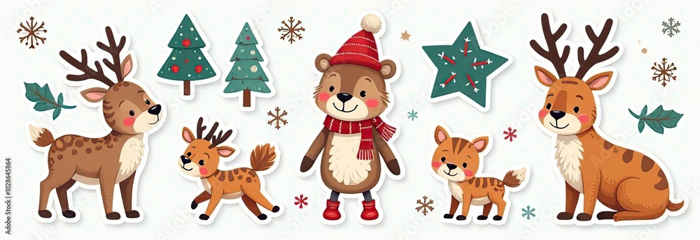 Fototapeta premium Christmas collection with cute animals: bear, fox, squirrel, bird, Santa Claus, Snowman and christmas decorative elements 