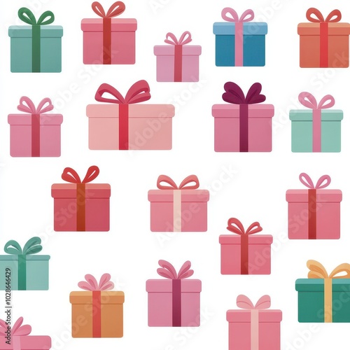 Colorful gift boxes with ribbons, white background