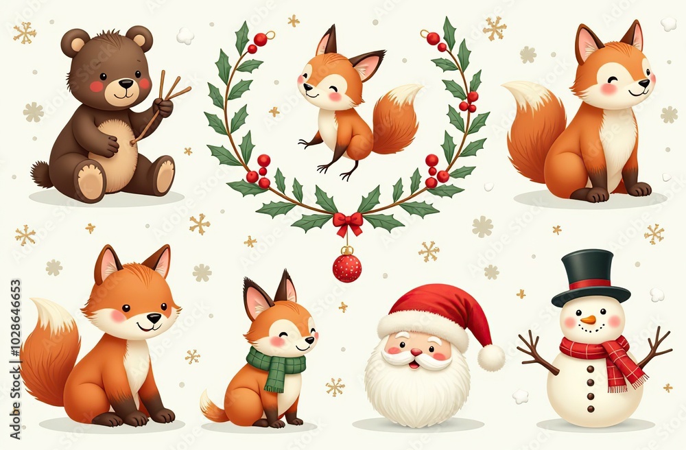Fototapeta premium Christmas collection with cute animals: bear, fox, squirrel, bird, Santa Claus, Snowman and christmas decorative elements 