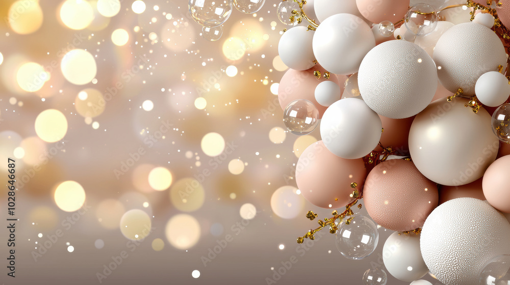 Soft spheres, floating bubbles, and golden accents create dreamy atmosphere Soft spheres, floating bubbles, and golden accents create dreamy atmosphere