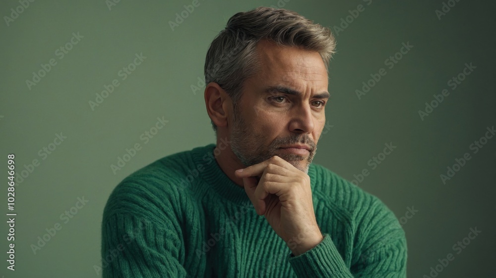 Thoughtful man in a green sweater poses against a muted background during a creative portrait session in a studio setting Thoughtful man in a green sweater poses against a muted background during a creative portrait session in a studio setting