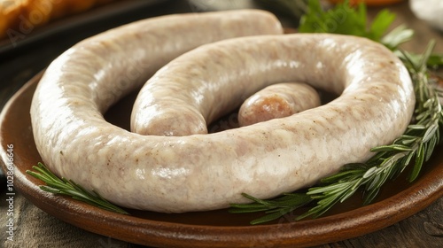 A traditional Bavarian white sausage (Weisswurst) presented artfully on a rustic plate photo