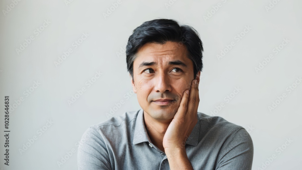 A thoughtful man in a gray shirt pondering deep questions in a minimalist indoor setting during daylight hours A thoughtful man in a gray shirt pondering deep questions in a minimalist indoor setting during daylight hours