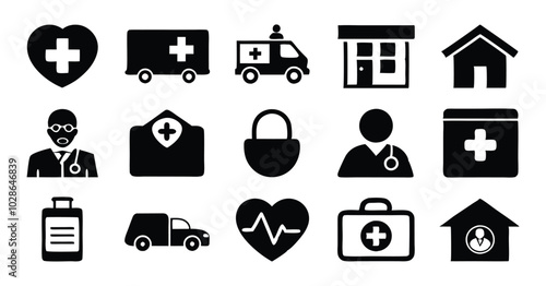 Set of Healthcare and Medicare Service Icons - Ambulance, Heartbeat, and Medical Assistance Symbols