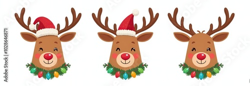 Set of cute reindeer head isolated on white background. Funny Simple flat vector illustration christmas reindeer in hat and garland with light bulbs 