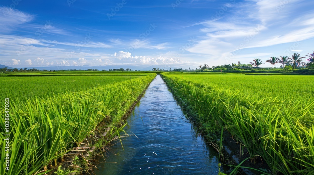 Obraz premium A tranquil irrigation canal cutting through verdant rice paddies under a clear blue sky.