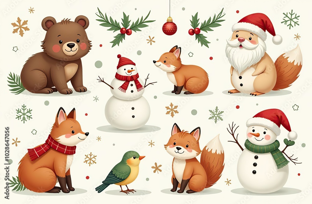 Fototapeta premium Christmas collection with cute animals: bear, fox, squirrel, bird, Santa Claus, Snowman and christmas decorative elements