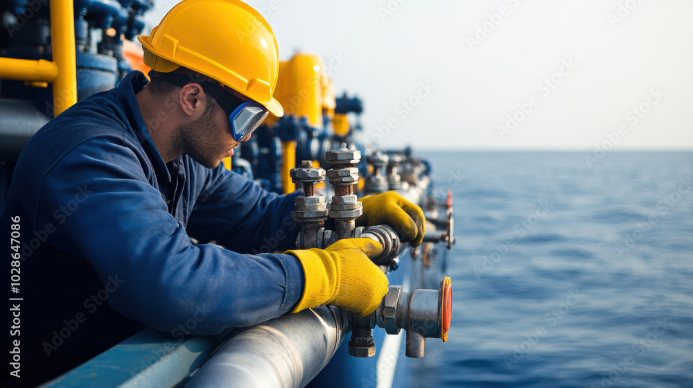 Technician adjusting underwater pipelines with focus and precision Technician adjusting underwater pipelines with focus and precision