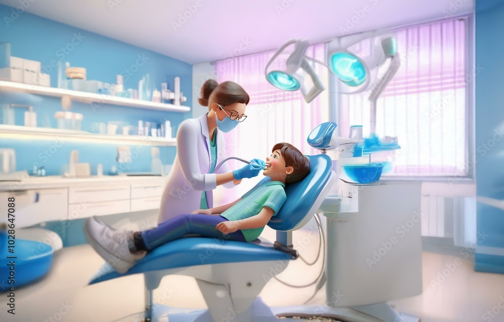 Obraz premium A female dentist wearing a face mask and gloves is examining a child's teeth in a dentist chair.