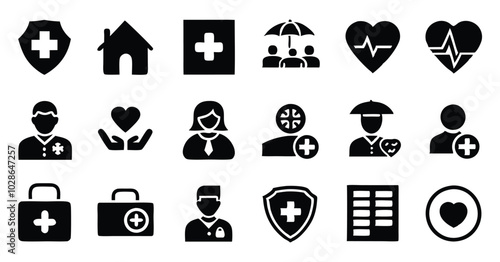 Set of Healthcare and Medicare Service Icons - Ambulance, Heartbeat, and Medical Assistance Symbols