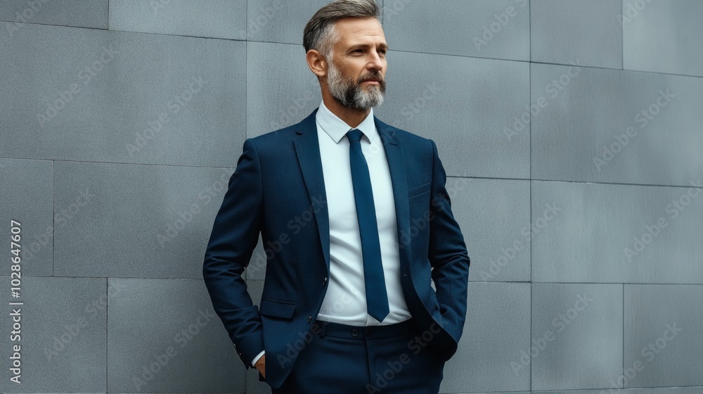 Confident middle-aged man in business suit with gray beard standing against gray textured wall background Confident middle-aged man in business suit with gray beard standing against gray textured wall background