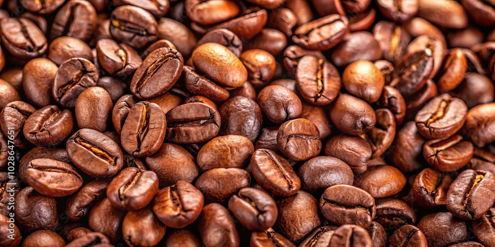 Naklejka premium A close-up view of roasted coffee beans, showcasing their rich brown color and intricate details, hinting at the aroma and flavor that await