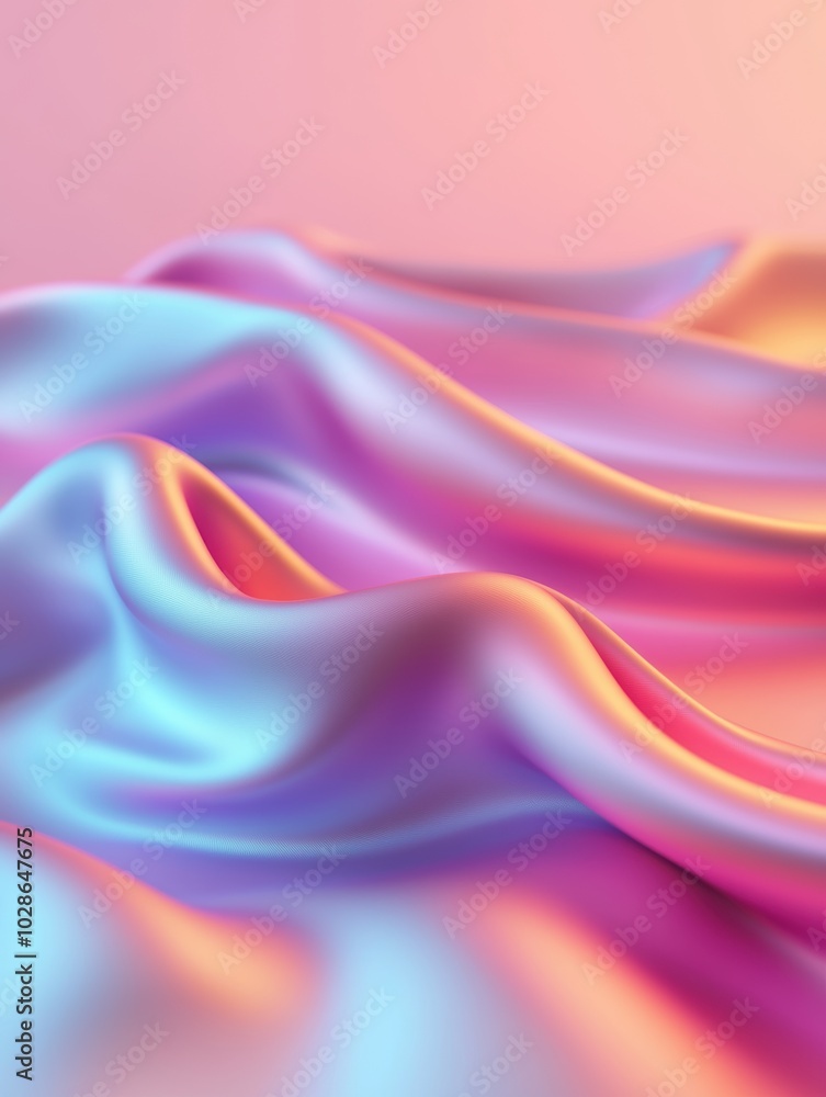 Fototapeta premium Delicate silk fabric draping with smooth waves in pastel pink and blue hues, soft texture against a gradient background.