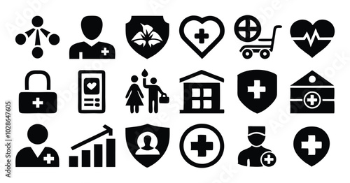 Set of Healthcare and Medicare Service Icons - Ambulance, Heartbeat, and Medical Assistance Symbols