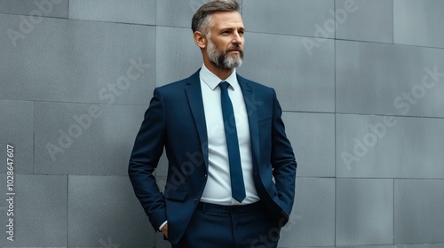 Confident middle-aged man in business suit with gray beard standing against gray textured wall background