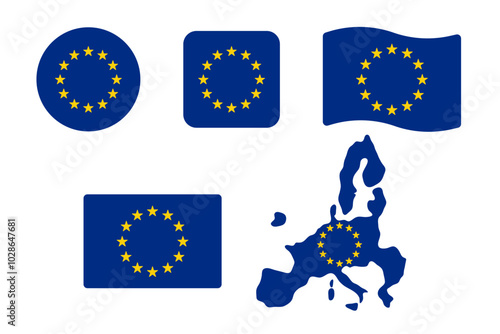 Europe flag illustration set. Twelve stars on blue background sign. Round, square, waving rectangle and European union map shape vector banner.