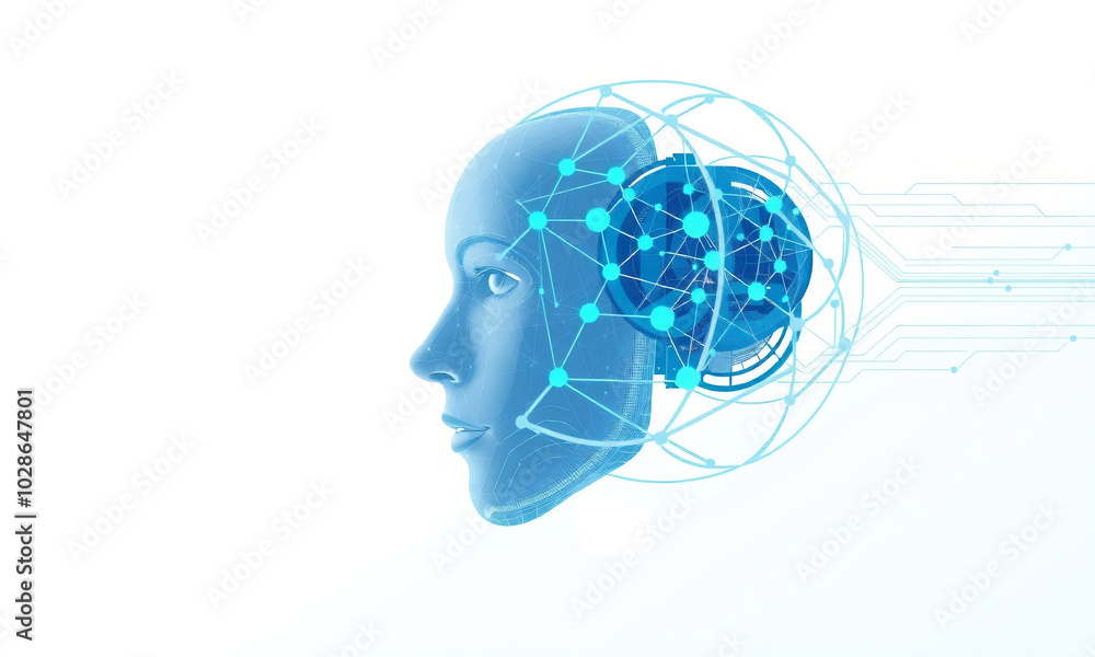 Digital human head illustration showing neural network connections and ...