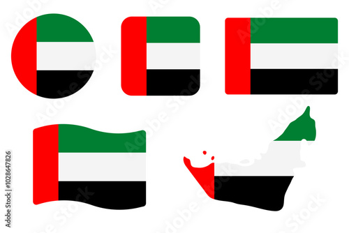 UAE flag symbols set. Green, white, black and red colors. Round, square, waving rectangle and Emirates map shape vector banner. Dubai and Abu Dhabi symbol.