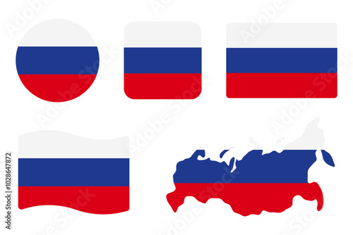 Russia flag symbols set. Blue, white and red colors. Round, square, waving rectangle and Russian map shape vector banner. Moscow symbol.