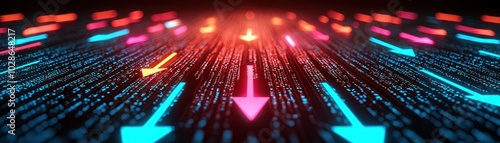 Dynamic abstract background with colorful arrows and glowing lines, representing digital movement and speed.