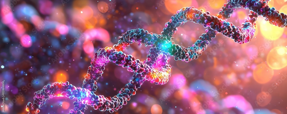 Colorful DNA strand with sparkling effects on a blurred background Colorful DNA strand with sparkling effects on a blurred background