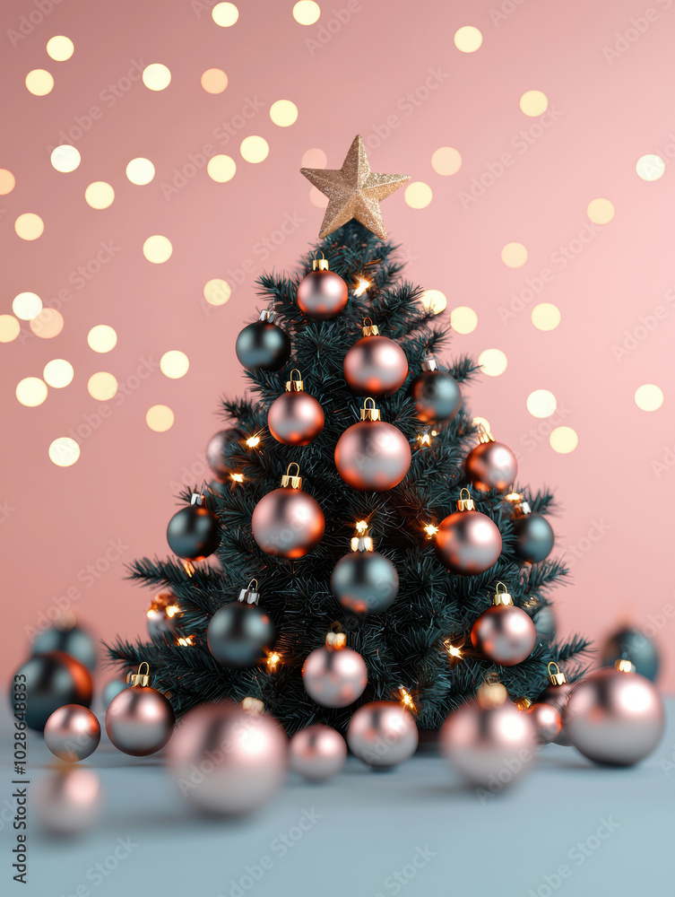 Festive Christmas tree adorned with ornaments and a shining star, against a soft pink bokeh background. Festive Christmas tree adorned with ornaments and a shining star, against a soft pink bokeh background.