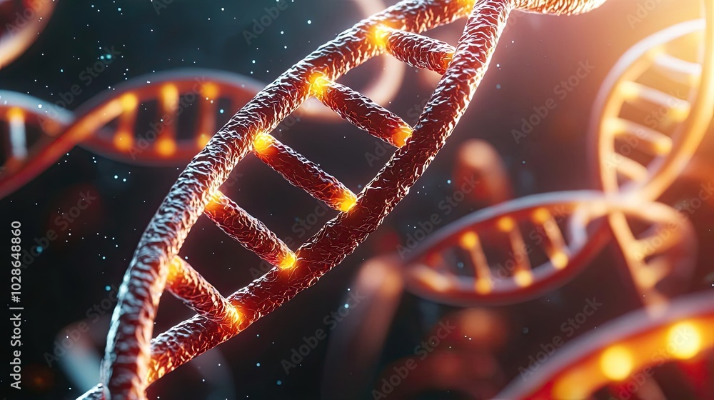 Close-up of glowing DNA strand with intricate details on dark background. Close-up of glowing DNA strand with intricate details on dark background.