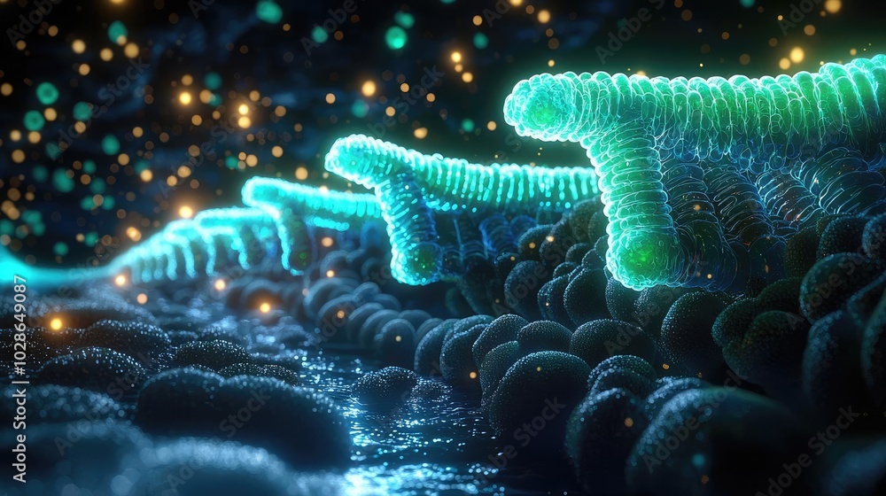 Abstract microscopic view of glowing bacteria in a dark environment. Abstract microscopic view of glowing bacteria in a dark environment.