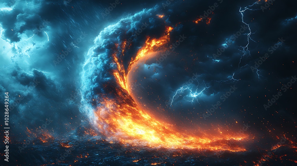A swirling vortex of fire and lightning erupts from a stormy sky, creating a dramatic and apocalyptic scene. A swirling vortex of fire and lightning erupts from a stormy sky, creating a dramatic and apocalyptic scene.