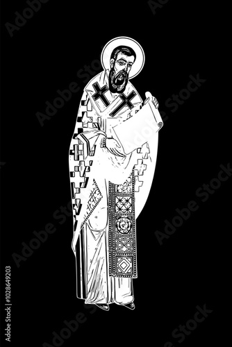 Traditional orthodox image of Gregory Palamas. Christian antique illustration black and white in Byzantine style