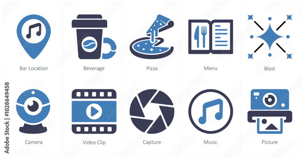 A set of 10 mix icons as bar location, beverage, pizza A set of 10 mix icons as bar location, beverage, pizza
