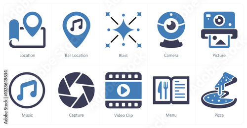 A set of 10 mix icons as location, bar location, blast
