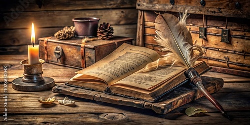 A Vintage Quill Pen Rests Upon an Open Book, Illuminated by Candlelight on a Rustic Wooden Table