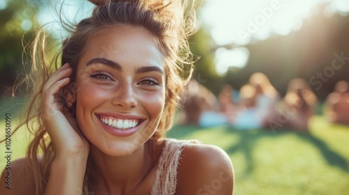 Radiant woman basking in sunlight, exuding natural joy and positivity, surrounded by greenery in a warm, inviting outdoor environment, embracing life's beauty. photo