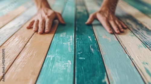 Two hands firmly press against colorful, weathered wooden boards, evoking a sense of nostalgia and connection with rustic environments and tactile experiences.