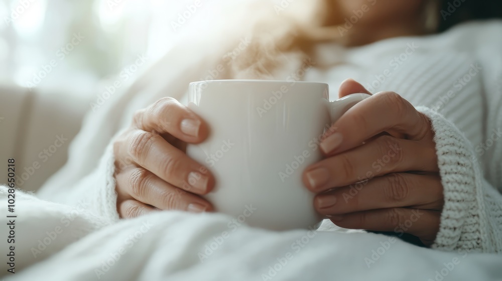 A soothing scene with a white mug cradled in hands adorned with knitwear, inviting warmth and relaxation, perfect for depicting cozy indoor moments of pleasure. A soothing scene with a white mug cradled in hands adorned with knitwear, inviting warmth and relaxation, perfect for depicting cozy indoor moments of pleasure.