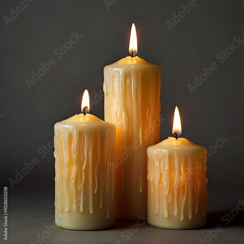 Set of pillars with different colors of candles and flames illuminated. photo