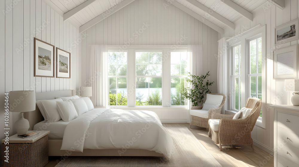 Fototapeta premium Bright and airy bedroom with natural light and minimalist decor.
