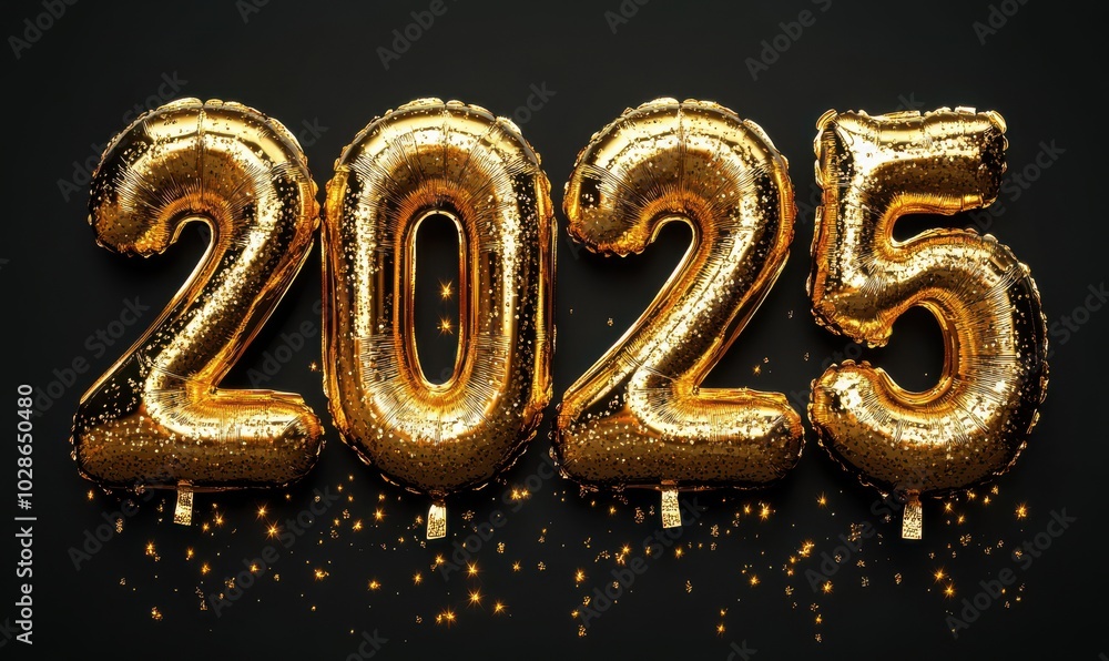 Golden 2025 balloons with sparkling glitter on a dark background, representing New Year celebration and festive atmosphere Golden 2025 balloons with sparkling glitter on a dark background, representing New Year celebration and festive atmosphere