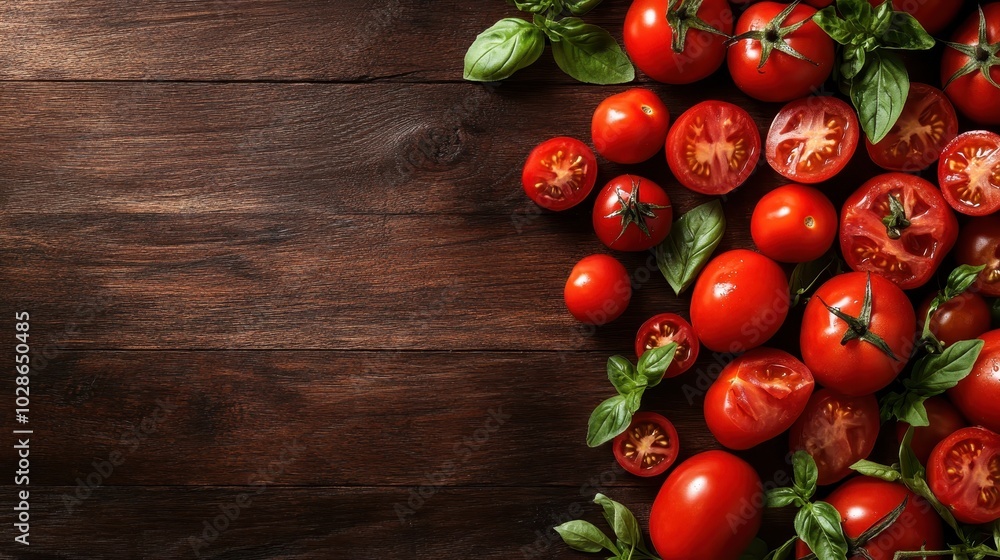 A variety of fresh tomatoes, including cherry and sliced, arranged with basil leaves on a rustic wooden surface, showcasing vibrant red colors and textures. A variety of fresh tomatoes, including cherry and sliced, arranged with basil leaves on a rustic wooden surface, showcasing vibrant red colors and textures.