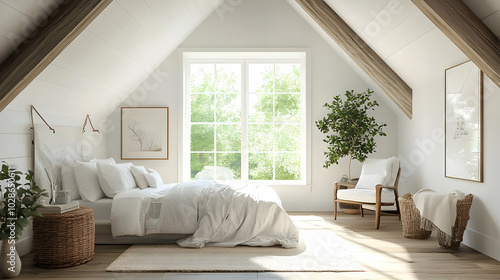 Cozy attic bedroom with natural light and greenery.