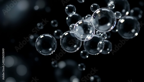 Bubbles floating in dark space with bright reflections during nighttime