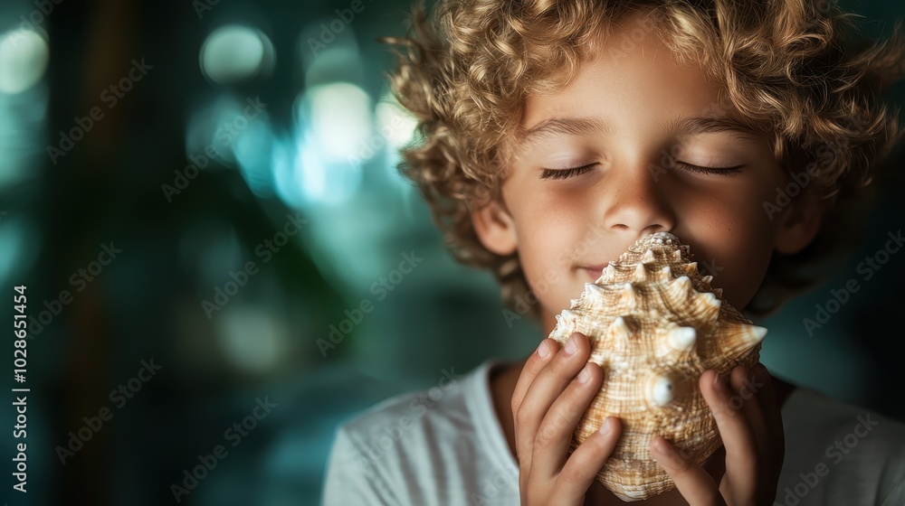 A young child, with curly hair and eyes closed, holds a large seashell and enjoys a moment of wonder and imagination, set against a soft-focused background. A young child, with curly hair and eyes closed, holds a large seashell and enjoys a moment of wonder and imagination, set against a soft-focused background.