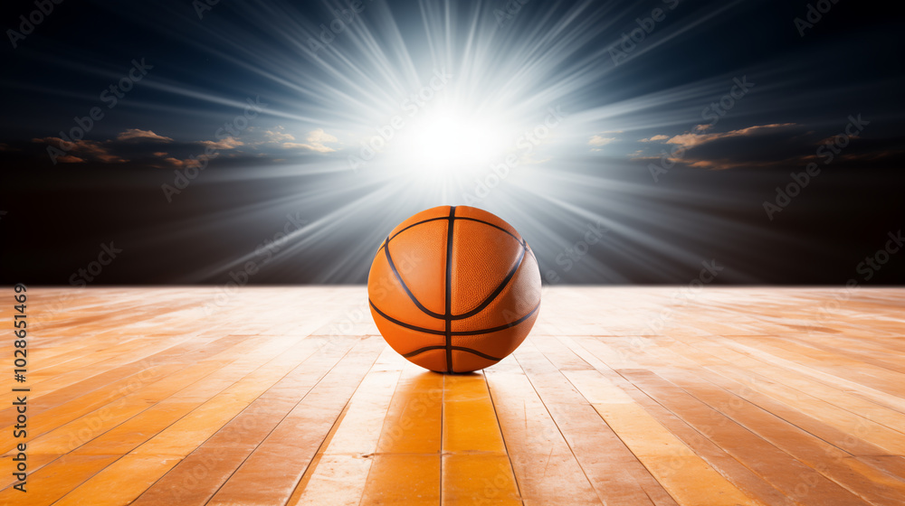 basketball sits prominently on polished wooden court, illuminated by radiant beams of light from above, dramatic and inspiring atmosphere sport advertisement concept basketball sits prominently on polished wooden court, illuminated by radiant beams of light from above, dramatic and inspiring atmosphere sport advertisement concept