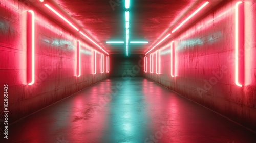 A vivid, corridor-like tunnel bathed in neon lights of pink and teal hues. The futuristic design embodies movement, energy, and the allure of modern urban settings.