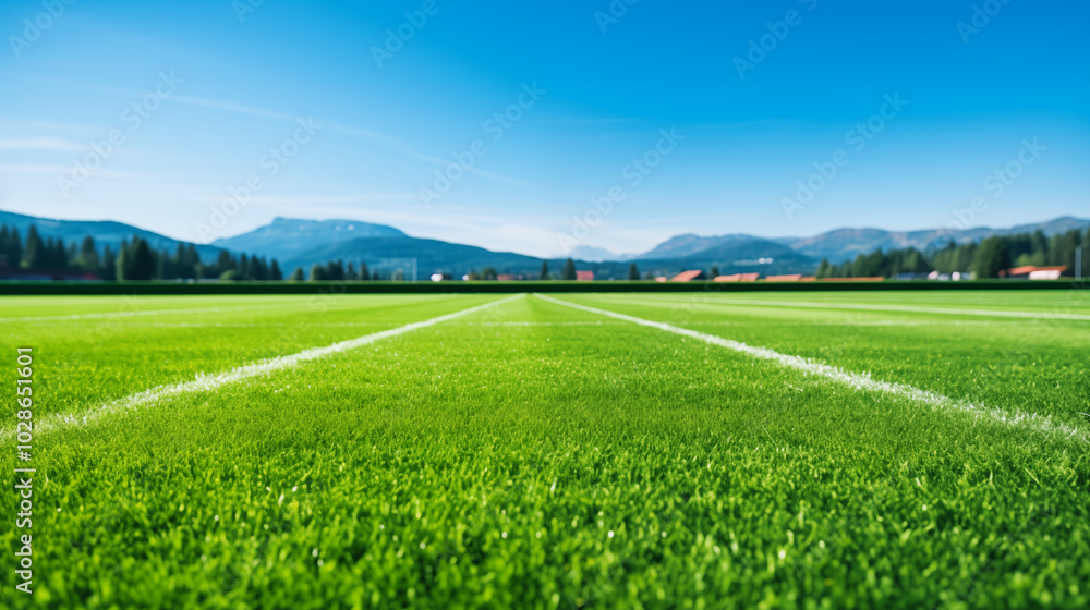 wide shot of pristine soccer field with vivid green grass under clear blue sky, surrounded by mountains and serene landscape wide shot of pristine soccer field with vivid green grass under clear blue sky, surrounded by mountains and serene landscape