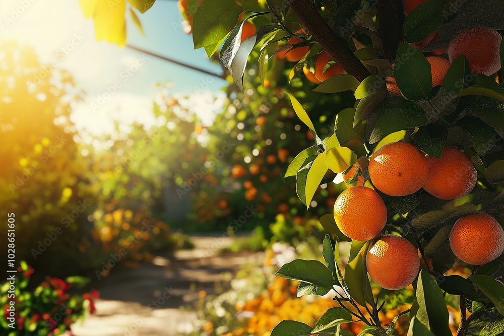 Lush Orange Orchard in Radiant Sunlight