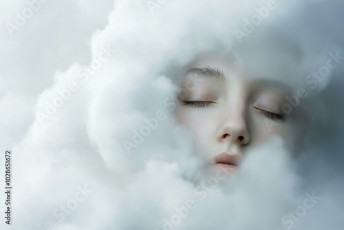 Obraz na płótnie Serene Portrait of a Sleeping Face Enveloped by Clouds w salonie