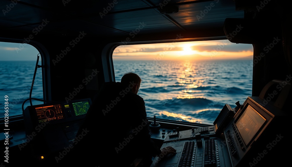 Fototapeta premium A mariner observes a sunset over the ocean from a ship's control room